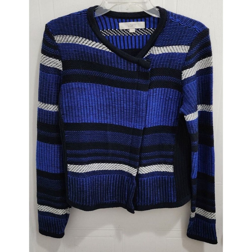 LOFT Women's Off Center Full Zip Up Knit Sweater Jacket Blue Striped Size Medium
